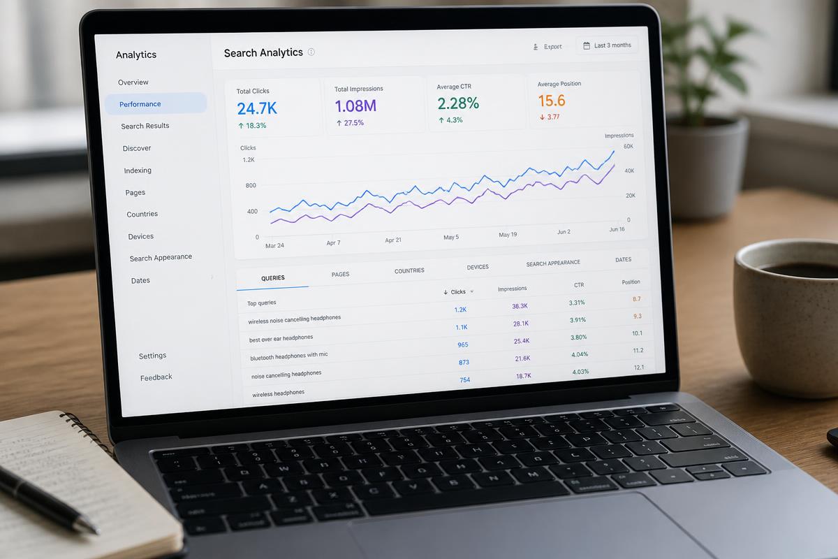 Search analytics dashboard showing growth in clicks and impressions